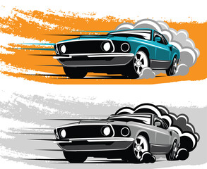 Blue muscle car drift and smoky