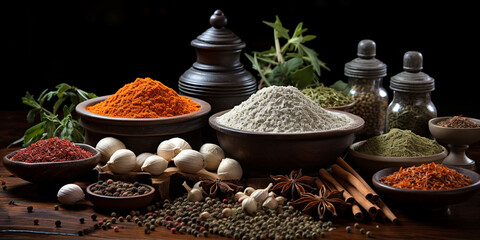 Wall Mural - Kitchen essentials, colorful spices and curry powder collection on a wide background banner with cinnamon and garlic 