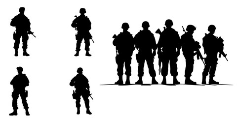 Army Silhouettes in a Vector Set Collection for War Veterans Soldiers - Vector, Transparent Background, PNG