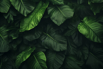 Background of moist dark green plants leaves in many shades under sunshine, Generative AI.