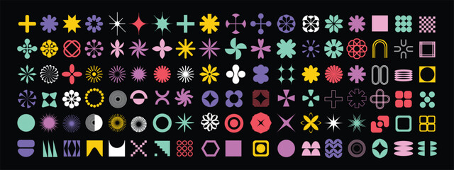Geometric abstract flower shape set, star figure vector icon kit, funky retro brutal minimal art. Simple Memphis y2k elements collection, floral grid flat bauhaus template. Abstract flower forms