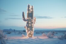 Creative Christmas Concept. Large Mexican Cactus Decorated With Glowing Garland In Snowy Desert.