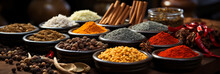Wide Banner Image, Colorful And Delicious Spices In Dishes And Bowls With Bottles And  Traditional Asian Grinding Tools On A Table    