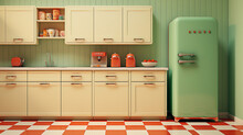 A Retro Kitchen With Avocado Green Appliances And Checkerboard Floors On Color Background In 70s Style, Studio Setting With Retro Color, AI Generative