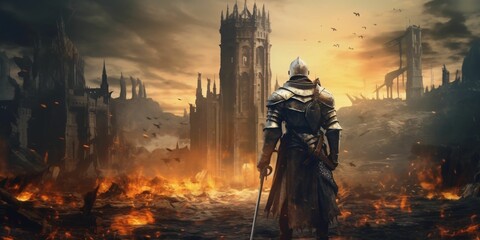 Wall Mural - Armored Medieval Warrior in Front of a Ruined Castle. Knight in Armor