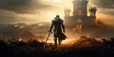 Wall Mural - Armored Medieval Warrior in Front of a Ruined Castle. Knight in Armor