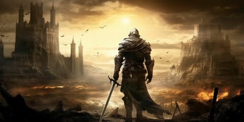 Wall Mural - Armored Medieval Warrior in Front of a Ruined Castle. Knight in Armor