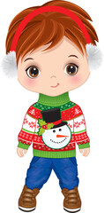 Wall Mural - Vector Cute Little Boy in Christmas Sweater