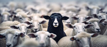 A Black Sheep Among A Flock Of White Sheep, Raising Head As A Leader - Concept Of Standing Out From The Crowd, Of Being Different And Unique With Its Own Identity And Special Skills Among The Others