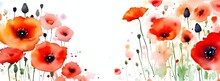 Red Poppy Background, Watercolor Floral Art For Banner, Card, Cover. Generative AI