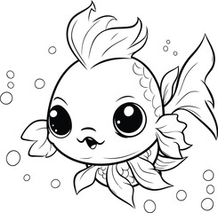 Wall Mural - Cute cartoon goldfish. Black and white vector illustration for coloring book.