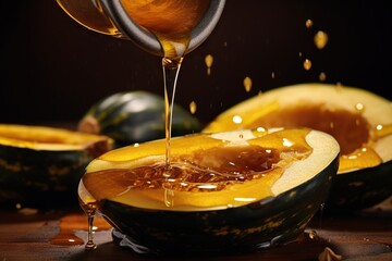 Wall Mural -  a spoon pouring honey into a pumpkin cut in half on a table.  generative ai