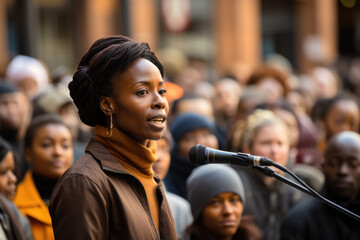 Speaker addressing the crowd at Human Rights Day gathering 