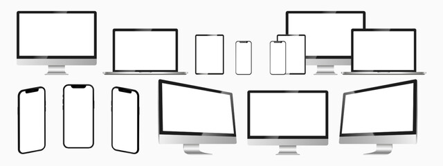 Realistic mock up set computer, laptop, tablet and phone. Device screen mockup collection. Mock up computer, laptop, tablet, phone. Vector illustration EPS 10