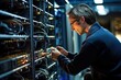 Skilled technician maintaining server infrastructure in data center, ensuring optimal performance and data security.