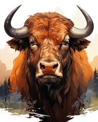 Wall Mural -  a painting of a bison with long horns and trees in the background.  generative ai