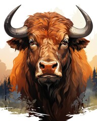 Canvas Print -  a painting of a bison with long horns and trees in the background.  generative ai