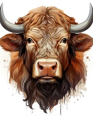 Sticker -  a brown bull with long horns and a black nose is shown.  generative ai