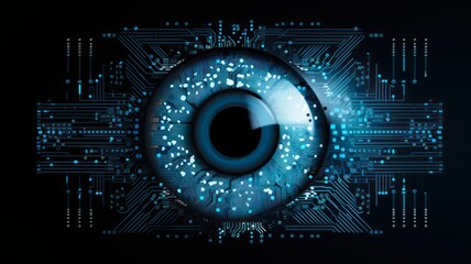 AI Eye in Artistic ASCII: An Illustration of a Futuristic Eye on a Blue Background, Generated by AI