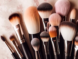 Wall Mural - Assorted makeup brushes with copy space, beauty artist workspace, bunch of different brushes on blurred background