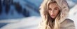 A Blonde Woman Posing with Wintersport Clothes - Empty Copy Space for Text - Snow Ski Alpine Woman Fashion Background - Blonde Woman Snow Wintersport Backdrop created with Generative AI Technology