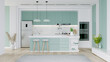 Modern Contemporary  kitchen room interior .white and light blue material 3d render