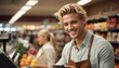 a photo of a beautiful blonde handsome male cashier smiling at the checkout scanning codes of products in a grocery store. Generative AI.