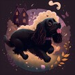 Moody and whimsical illustration of a black spaniel puppy barking and jumping Lady and the tramp style The background is filled with dark tones and Halloween festive items 