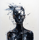 Fototapeta  - Czarna postać kobiety namalowana farbą olejną na białym tle. Depresja, zdrowie psychiczne, sztuka terapeutyczna.