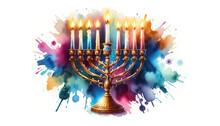 Watercolour Illustration Of Menorah Candelabra. Tradicional Jewish Holiday Hanukkah Symbol. Festival Of Lights.