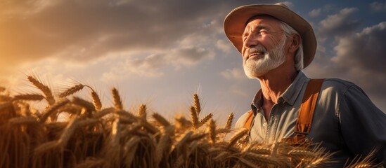 Poster - A contented farmer in his 70s inspects harvested wheat on a trailer in a field With copyspace for text