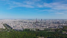 Cityscape From Bois De Boulogne. Aerial Panoramic View Of Famous Metropolis, Popular European Tourist Destination. Paris, France