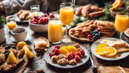 A joyful New Year's Day brunch scene with a table full of delicious breakfast foods and mimosas