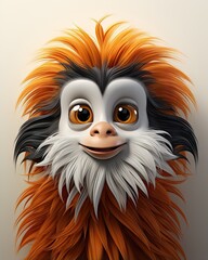  an animated golden lion tamarin with a big smile on its face against a white background Its fur is a mix of white, black and orange, giving it a unique and vibrant