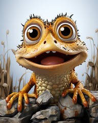 Poster -  a lizard with big eyes sitting on a rock with grass.  generative ai