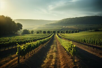 Poster -  a vineyard in the middle of a field with a mountain in the background.  generative ai