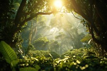  The Sun Shines Through The Trees In The Jungle With Lush Vegetation.  Generative Ai