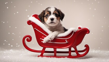 Wall Mural - An adorable picture of a baby dog in a tiny Santa sleigh, with [Blank Space] for a 'Sleigh Bells Ringing' message