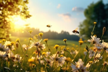  two bees flying over a field of daisies at sunset.  generative ai