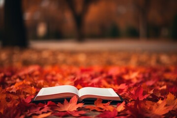 opened book with maple leaves in blurred autumn forest background