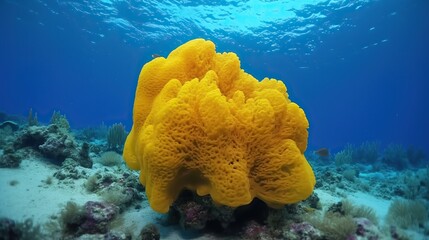 Sea view with various fish and coral reefs in the Caribbean Sea while diving with various corals and sponges