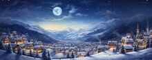 Winter Village In The Mountains At Night With Full Moon And Stars.Starry Night Over A Snowy Town.christmas Wallpaper.