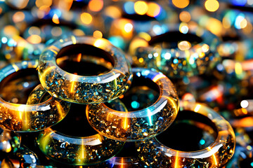 wedding rings on a black background with bokeh effect