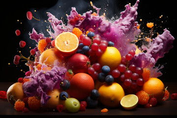 Wall Mural - Fresh fruits with drops of juice and pulp exploding on black background, healthy eating concept