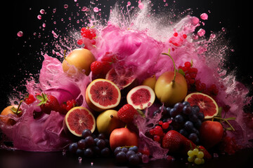 Wall Mural - Fresh fruits with drops of juice and pulp exploding on black background, healthy eating concept