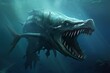 Concept art for a terrifying deep-sea creature resembling a monstrous whale, with skeletal features, sharp teeth, and an eerie presence in the underwater abyss. Generative AI