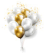 Festive white and gold balloons and confetti on a white background celebration theme