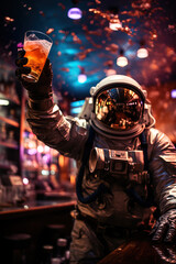 vertical image of astronaut in a space suit and helmet at a rave club with a glass of cocktail near 