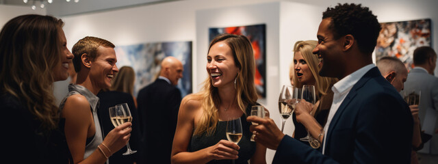 Group of people with glasses stand during an exhibition at the gallery