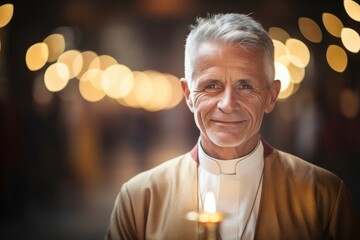 A confident priest in a church, deeply immersed in prayer, symbolizes the faith and spirituality of Christianity.